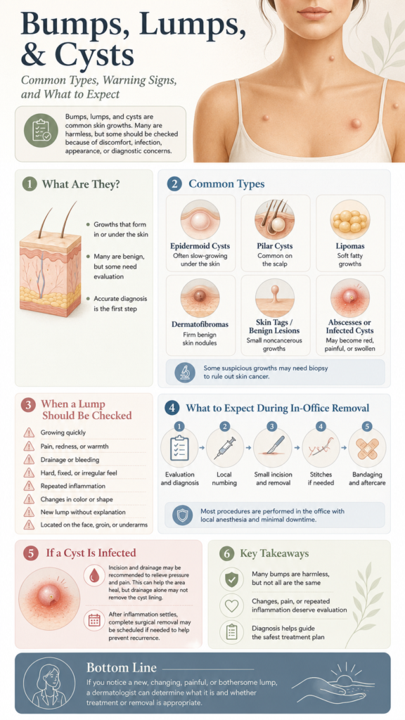 Bumps lumps and cysts infographic explaining common skin growth types warning signs in office removal steps and when to see a dermatologist