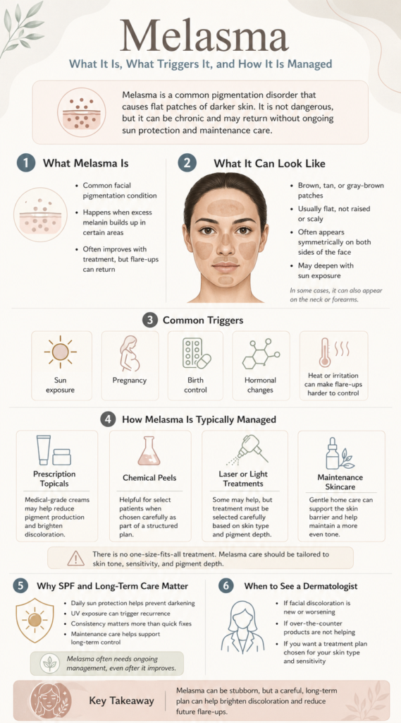 Melasma infographic explaining common facial pigmentation patterns triggers treatment options SPF importance and when to see a dermatologist
