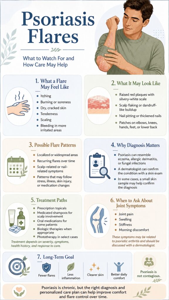 Infographic explaining psoriasis flares, including symptoms, flare patterns, diagnosis, treatment paths, joint symptoms, and long-term care goals.
