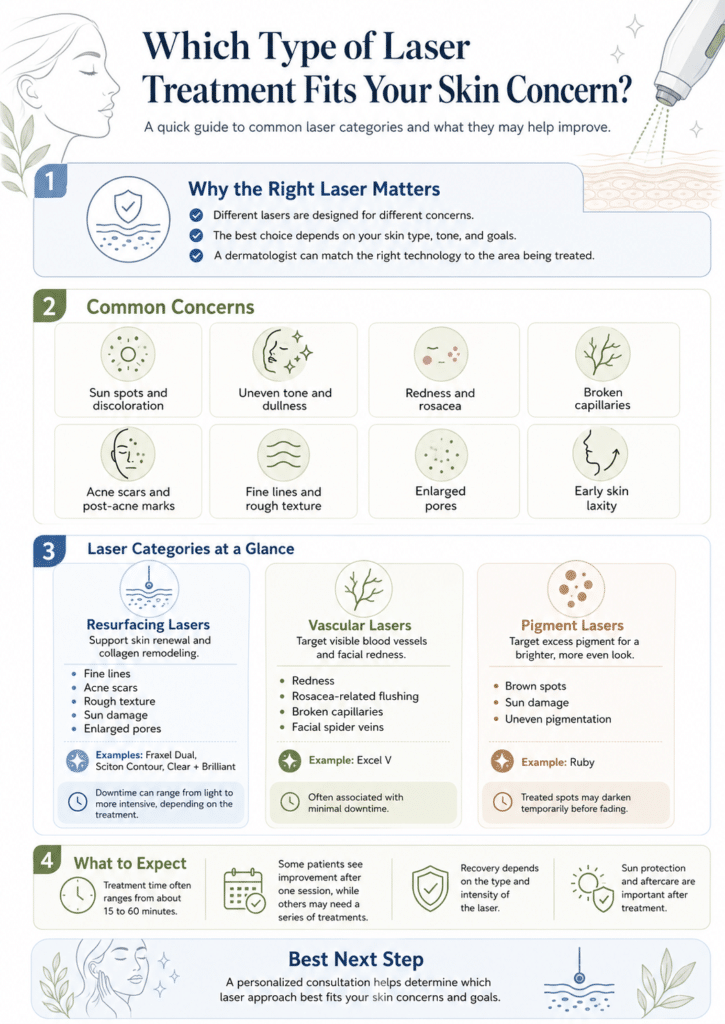 Infographic comparing resurfacing, vascular, and pigment laser treatments with common skin concerns, example technologies, downtime, and treatment expectations.